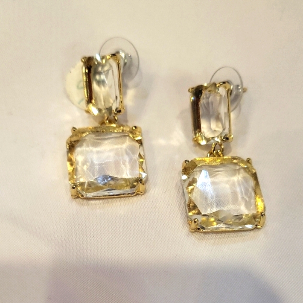 Gold Drop Earrings with Square Gemstones - Picture 3 of 3